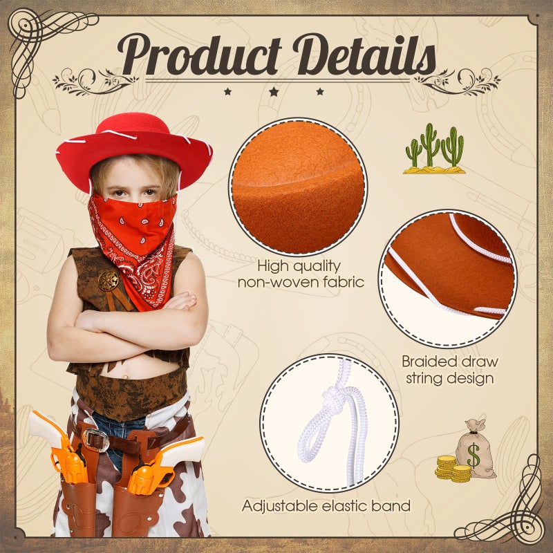 Coume 24 Pieces Cowboy Hats and Bandanas for Kids Western Cowboy Costume Hat Accessories for Toddler Child Western Theme Birthday Party Supplies Halloween Costume Dress(Brown  Red) - Image 3